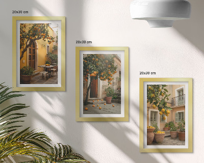 Composizione di 3 quadri Un giardino con alberi di agrumi in un ambiente soleggiato