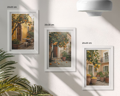 Composizione di 3 quadri Un giardino con alberi di agrumi in un ambiente soleggiato