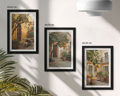 Composizione di 3 quadri Un giardino con alberi di agrumi in un ambiente soleggiato
