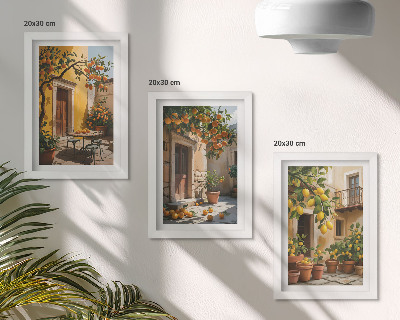 Trittico incorniciato Agrumi in un cortile soleggiato con piante