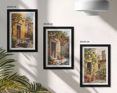 Trittico incorniciato Agrumi in un cortile soleggiato con piante