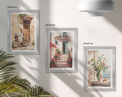 Trittico incorniciato Strade dipinte con fiori e una bicicletta