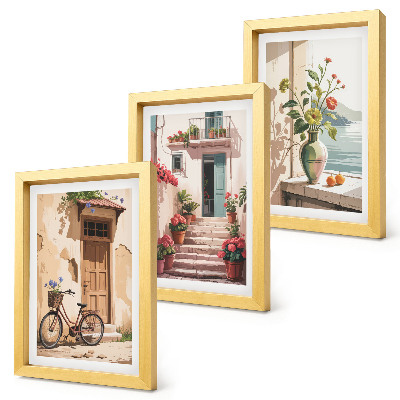 Trittico incorniciato Strade dipinte con fiori e una bicicletta