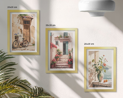 Trittico incorniciato Strade dipinte con fiori e una bicicletta