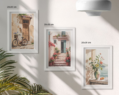 Trittico incorniciato Strade dipinte con fiori e una bicicletta