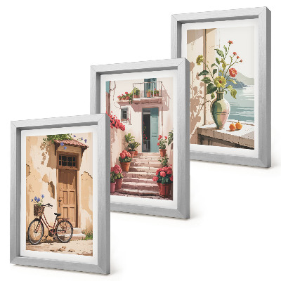 Trittico incorniciato Strade dipinte con fiori e una bicicletta