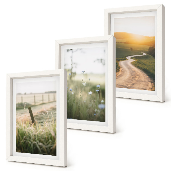 Trittico incorniciato Paesaggio con prato, strada e tramonto