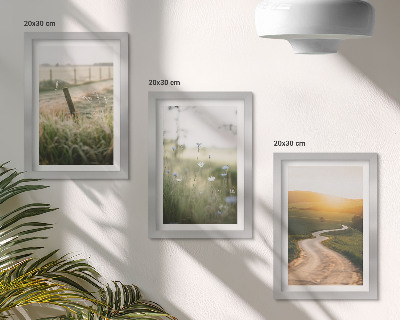 Trittico incorniciato Paesaggio con prato, strada e tramonto