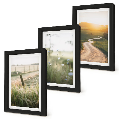 Trittico incorniciato Paesaggio con prato, strada e tramonto