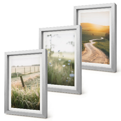 Trittico incorniciato Paesaggio con prato, strada e tramonto
