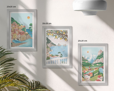 Trittico incorniciato Panorami marini con case dai colori pastello