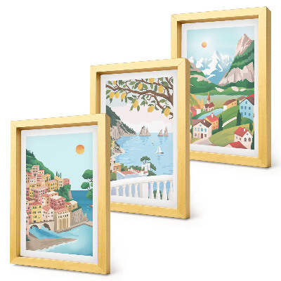 Trittico incorniciato Panorami marini con case dai colori pastello