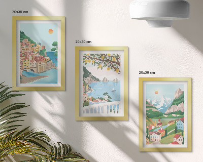 Trittico incorniciato Panorami marini con case dai colori pastello
