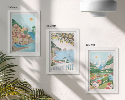 Trittico incorniciato Panorami marini con case dai colori pastello