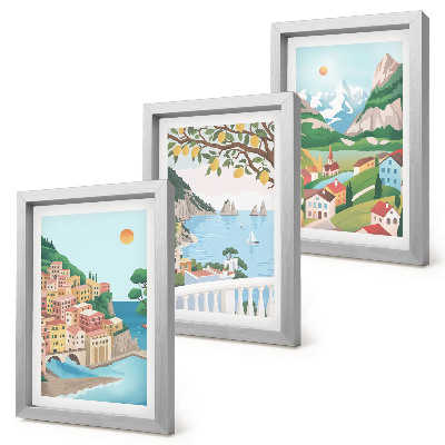 Trittico incorniciato Panorami marini con case dai colori pastello