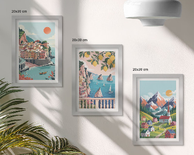 Composizione di 3 quadri Paesaggi montani colorati e città costiere