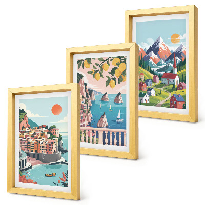 Composizione di 3 quadri Paesaggi montani colorati e città costiere