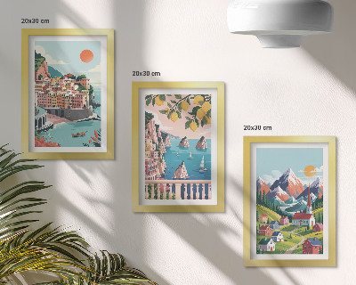 Composizione di 3 quadri Paesaggi montani colorati e città costiere