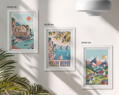 Composizione di 3 quadri Paesaggi montani colorati e città costiere
