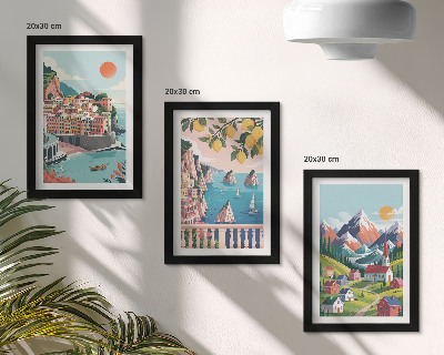 Composizione di 3 quadri Paesaggi montani colorati e città costiere