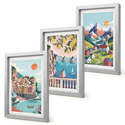 Composizione di 3 quadri Paesaggi montani colorati e città costiere