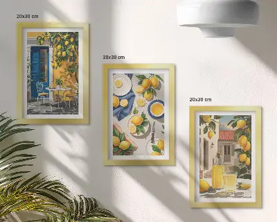Trittico incorniciato giardino di limoni con bevande sul tavolo