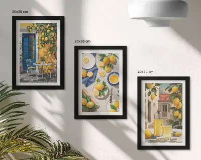 Trittico incorniciato giardino di limoni con bevande sul tavolo