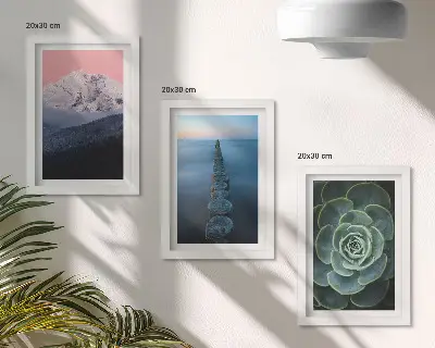Trittico incorniciato con montagna, cielo rosa, acqua e piante grasse verdi