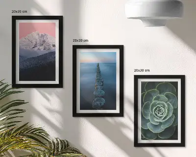 Trittico incorniciato con montagna, cielo rosa, acqua e piante grasse verdi