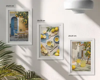 Trittico incorniciato con limoni, limonata e viste estive su porte blu