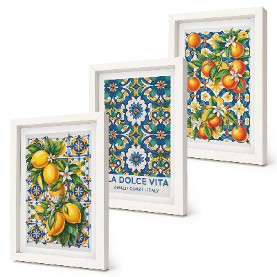 Composizione di 3 quadri Poster con motivi astratti di agrumi e colori vivaci