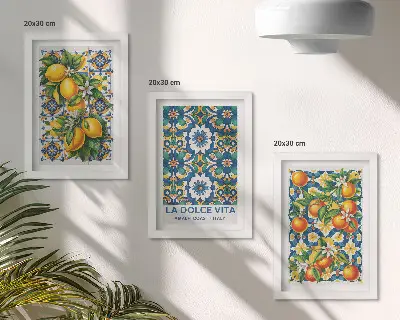 Composizione di 3 quadri con motivi astratti di agrumi e colori vivaci