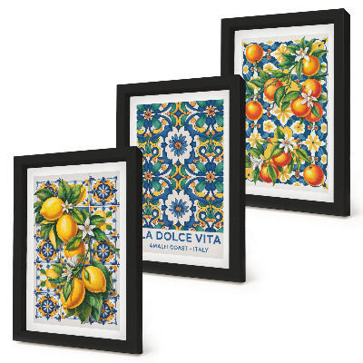 Composizione di 3 quadri Poster con motivi astratti di agrumi e colori vivaci
