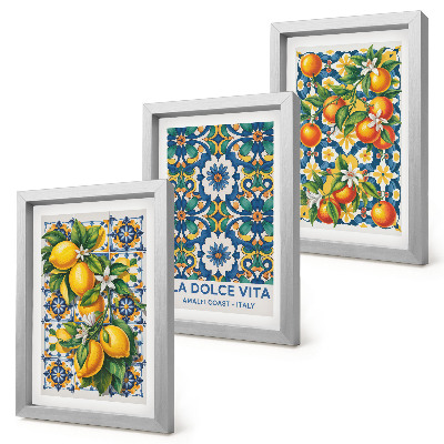 Composizione di 3 quadri Poster con motivi astratti di agrumi e colori vivaci