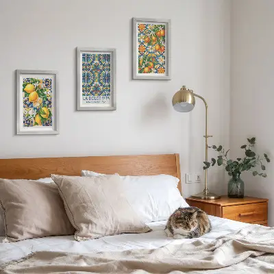Composizione di 3 quadri fiori di limone e arancio con motivi colorati