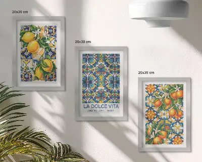 Composizione di 3 quadri fiori di limone e arancio con motivi colorati