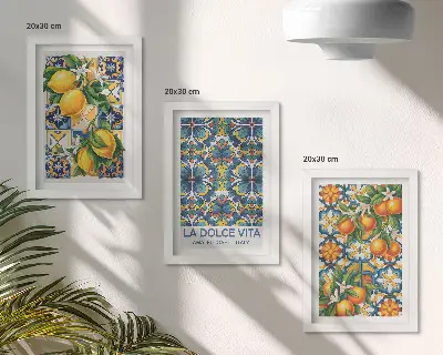 Composizione di 3 quadri fiori di limone e arancio con motivi colorati