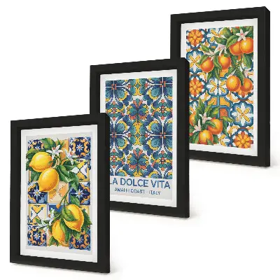 Composizione di 3 quadri fiori di limone e arancio con motivi colorati