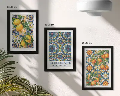 Composizione di 3 quadri fiori di limone e arancio con motivi colorati