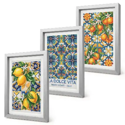 Composizione di 3 quadri fiori di limone e arancio con motivi colorati