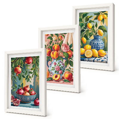 Composizione di 3 quadri Composizioni di frutta con melograni, limoni e pesche