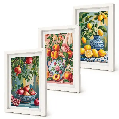 Composizione di 3 quadri con composizioni di frutta con melograni, limoni e pesche