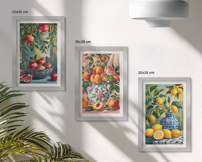 Composizione di 3 quadri Composizioni di frutta con melograni, limoni e pesche