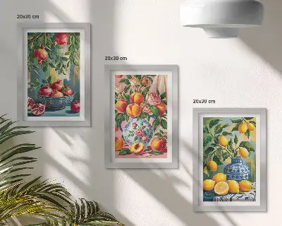 Composizione di 3 quadri con composizioni di frutta con melograni, limoni e pesche