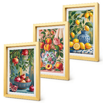 Composizione di 3 quadri Composizioni di frutta con melograni, limoni e pesche