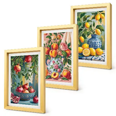 Composizione di 3 quadri con composizioni di frutta con melograni, limoni e pesche