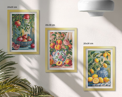 Composizione di 3 quadri Composizioni di frutta con melograni, limoni e pesche