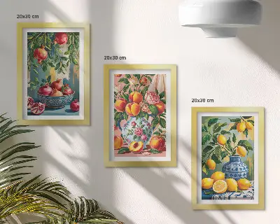 Composizione di 3 quadri con composizioni di frutta con melograni, limoni e pesche