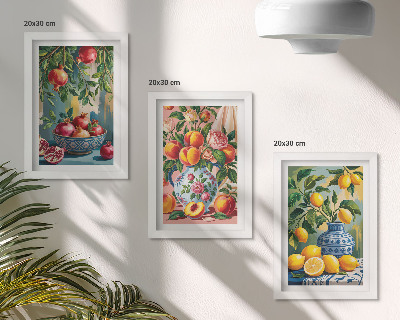 Composizione di 3 quadri Composizioni di frutta con melograni, limoni e pesche