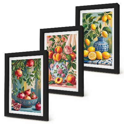 Composizione di 3 quadri Composizioni di frutta con melograni, limoni e pesche